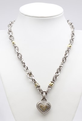 Lot 240 - An American sterling silver, 18ct gold and diamond heart necklace, by Judith Ripka, c.2006