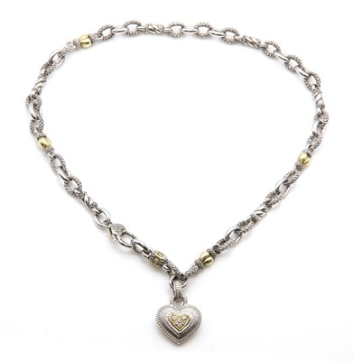 Lot 240 - An American sterling silver, 18ct gold and diamond heart necklace, by Judith Ripka, c.2006