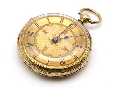 Lot 542 - An 18ct gold key wind open faced fob watch