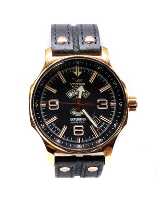 Lot 298 - A cased rose gold plated Vostok 'Expedition North Pole 1' automatic strap watch