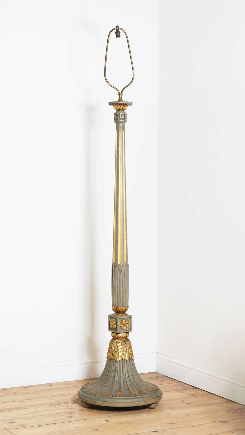 Lot 31 - A grey and gold painted wooden standard lamp