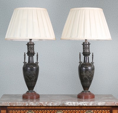 Lot 95 - A pair of bronze and rouge marble moderator table lamps