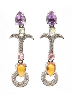 Lot 274 - A pair of white gold diamond and assorted gemstone drop earrings