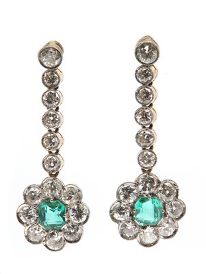 Lot 167 - A pair of emerald and diamond drop earrings, c.1930