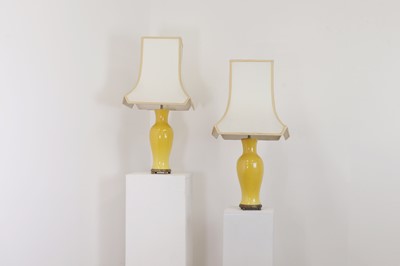 Lot 20 - A pair of Chinese-style yellow porcelain table lamps