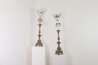 Lot 30 - A pair of silver-plated brass altar candlestick lamps