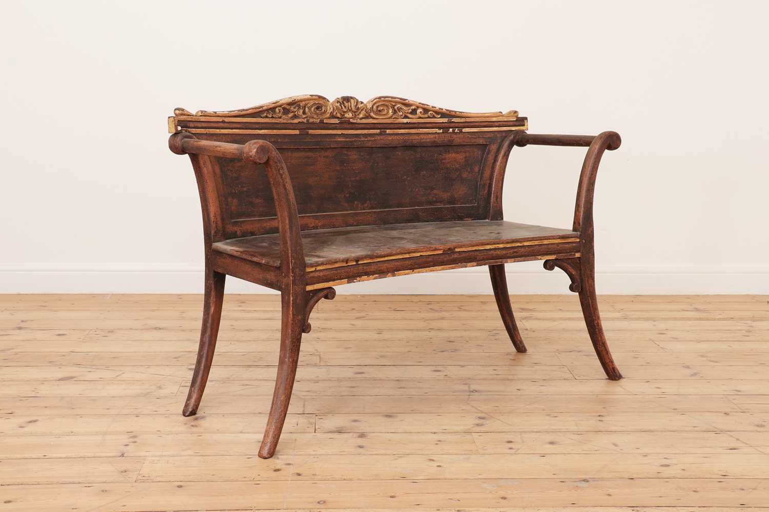 Lot 534 - A painted and parcel-gilt oak hall bench