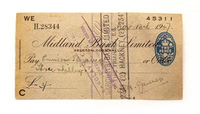 Lot 345 - A cheque signed by Princess Elizabeth