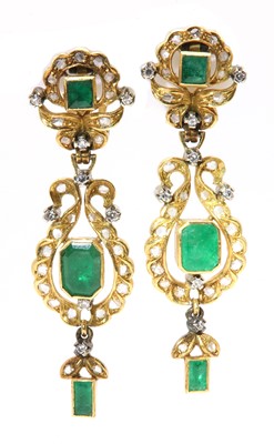 Lot 472 - A pair of gold emerald and diamond drop earrings