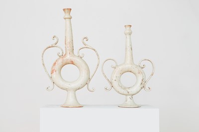 Lot 236 - Two similar glazed stoneware ring flasks
