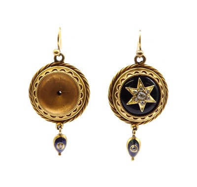 Lot 10 - A pair of Victorian gold enamel and diamond drop earrings