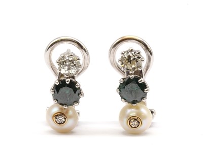 Lot 210 - A pair of white gold diamond, treated diamond and cultured pearl earrings