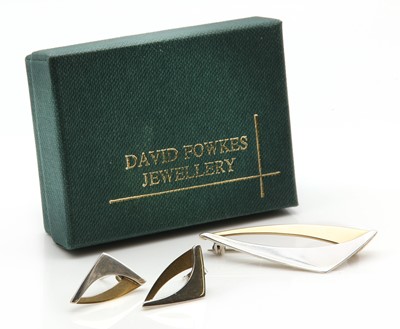 Lot 238 - A sterling silver and gold brooch and earring suite, by David Fowkes