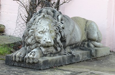 Lot 404 - A pair of monumental marble lions on plinths