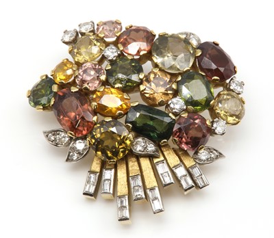 Lot 206 - A gemstone and diamond posy brooch, c.1940-1950