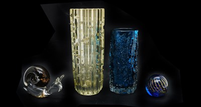 Lot 105 - A Whitefriars Kingfisher Blue glass Bark vase