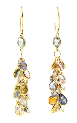 Lot 348 - A pair of vari-coloured sapphire drop earrings