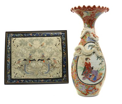 Lot 69 - A large Japanese vase and a Chinese embroidered panel