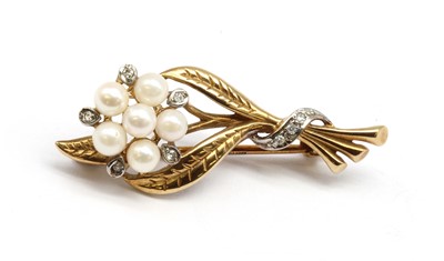 Lot 195 - A 9ct gold cultured pearl and diamond spray brooch