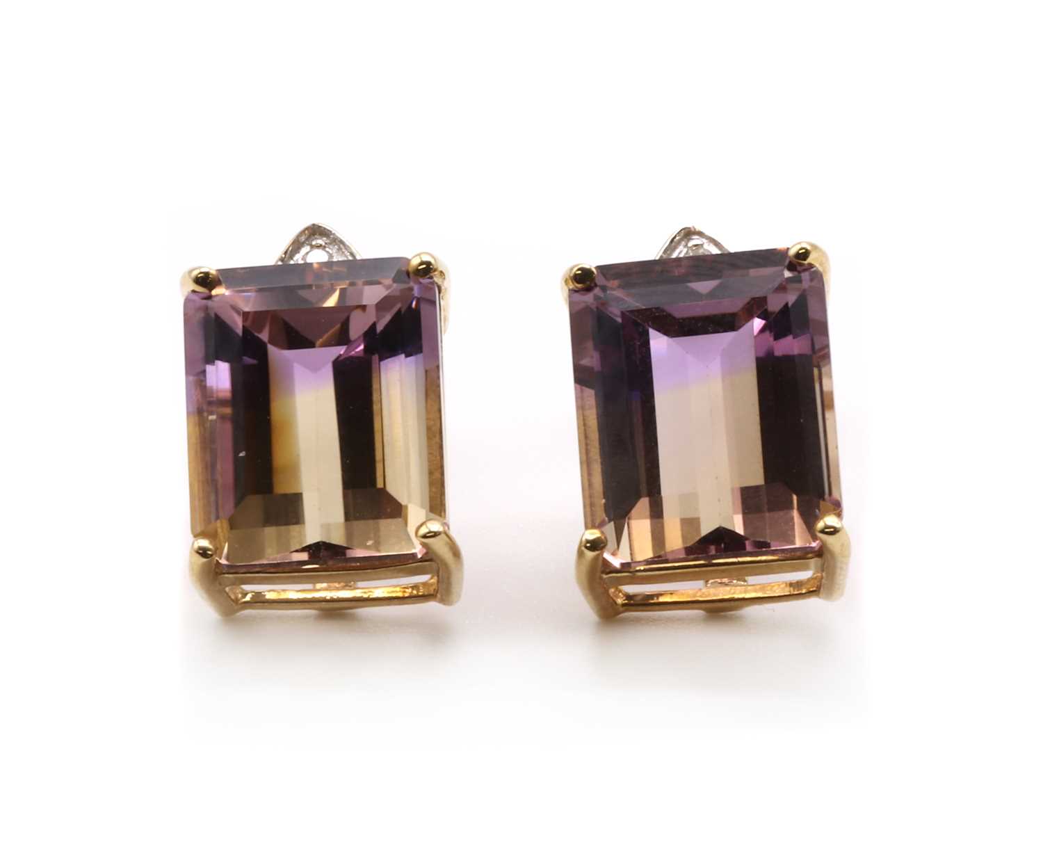 Lot 214 - A pair of 9ct gold ametrine and diamond stud earrings