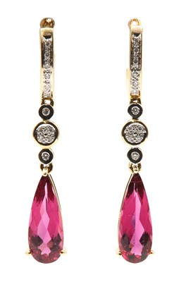 Lot 313 - A pair of 18ct gold rubellite tourmaline and diamond drop earrings