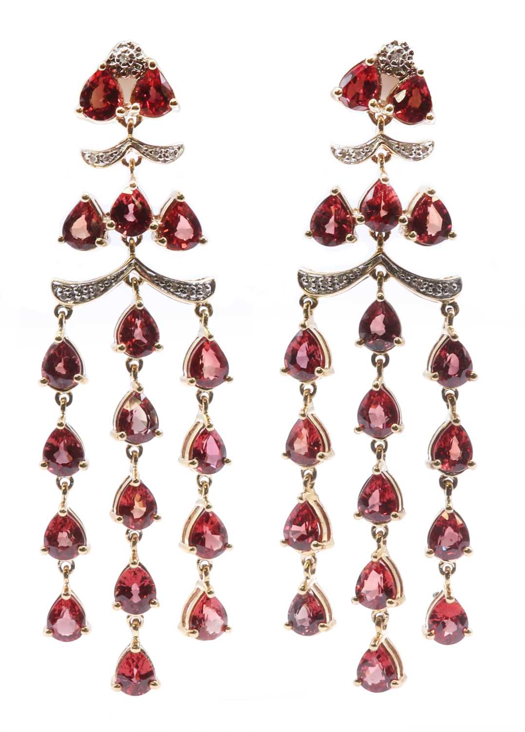 Lot 95 - A pair of 9ct gold ruby and diamond drop earrings