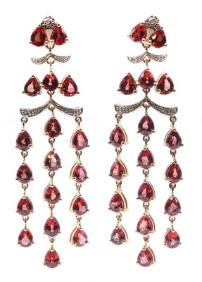 Lot 95 - A pair of 9ct gold ruby and diamond drop earrings