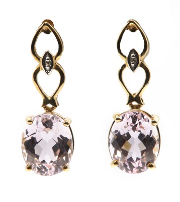 Lot 318 - A pair of 9ct gold kunzite and diamond drop earrings