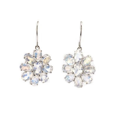 Lot 223 - A pair of 9ct white gold moonstone drop earrings