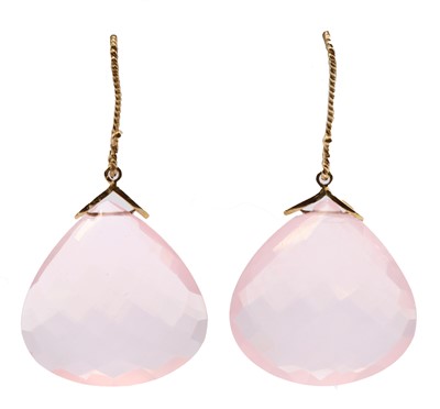 Lot 112 - A pair of 9ct gold rose quartz drop earrings