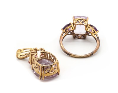 Lot 216 - A 9ct gold amethyst, pink tourmaline and diamond pendant