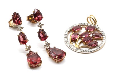 Lot 102 - A pair of 9ct gold garnet and diamond drop earrings