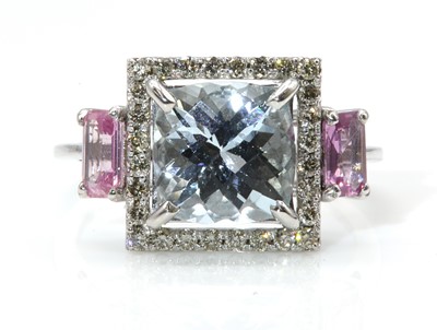 Lot 306 - A white gold aquamarine, pink sapphire and diamond ring