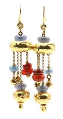 Lot 346 - A pair of diamond stained chalcedony and cornelian drop earrings