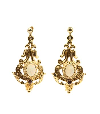 Lot 316 - A pair of 9ct gold opal and garnet drop earrings