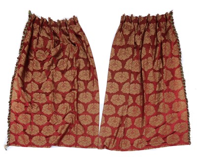 Lot 253 - A pair of lined and interlined red silk damask curtains