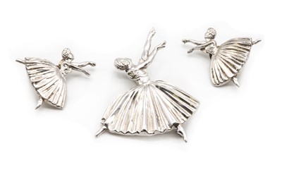 Lot 256 - A sterling silver ballerina brooch and earrings suite, by Frederick Massingham for DH Phillips