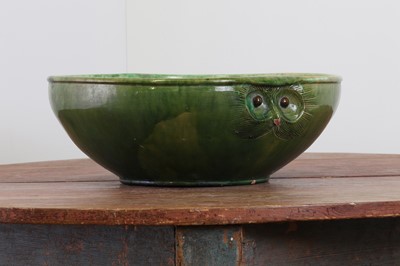 Lot 248 - A large green-glazed stoneware owl-form bowl