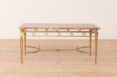 Lot 205 - A brass and red hardstone-topped coffee table