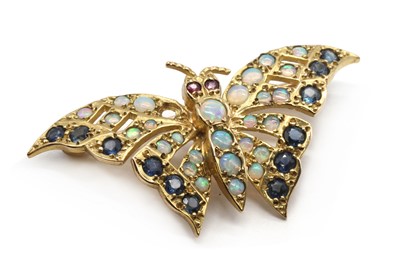 Lot 312 - A 9ct gold opal, sapphire and ruby butterfly brooch
