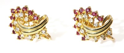 Lot 163 - A pair of 18ct gold ruby and diamond leaf form earrings