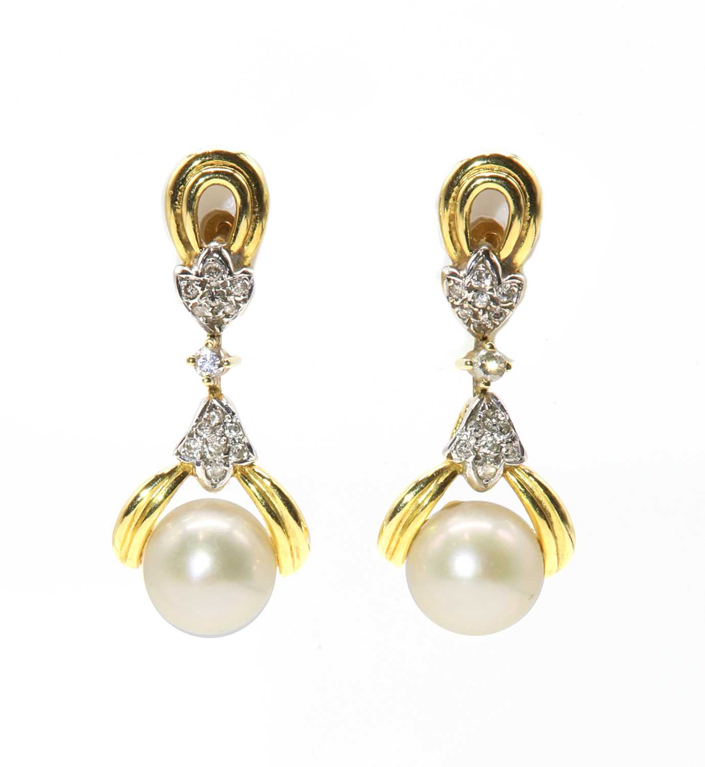 Lot 245 - A pair of Continental cultured pearl and diamond drop earrings