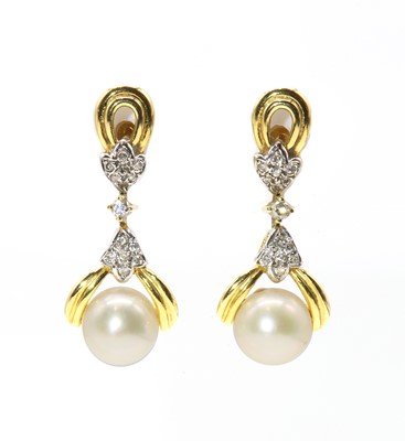 Lot 245 - A pair of Continental cultured pearl and diamond drop earrings