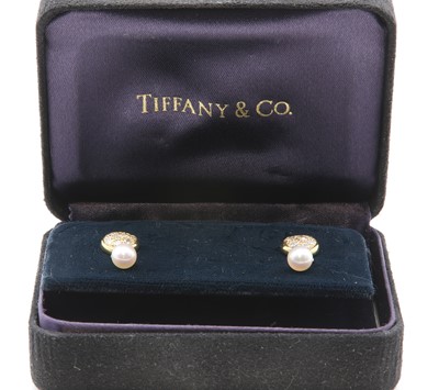 Lot 246 - A pair of 18ct gold diamond and cultured pearl earrings, by Tiffany & Co., c.1998