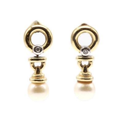 Lot 341 - A pair of gold cultured pearl and diamond drop earrings