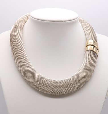 Lot 242 - A sterling silver and 18ct gold mesh link collar, by David Tinsley and Company Ltd., c.1988