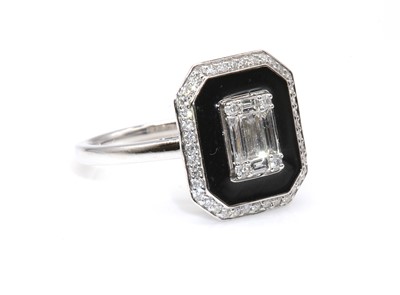Lot 424 - An 18ct white gold Art Deco style diamond and enamel rectangular cut corner target cluster ring