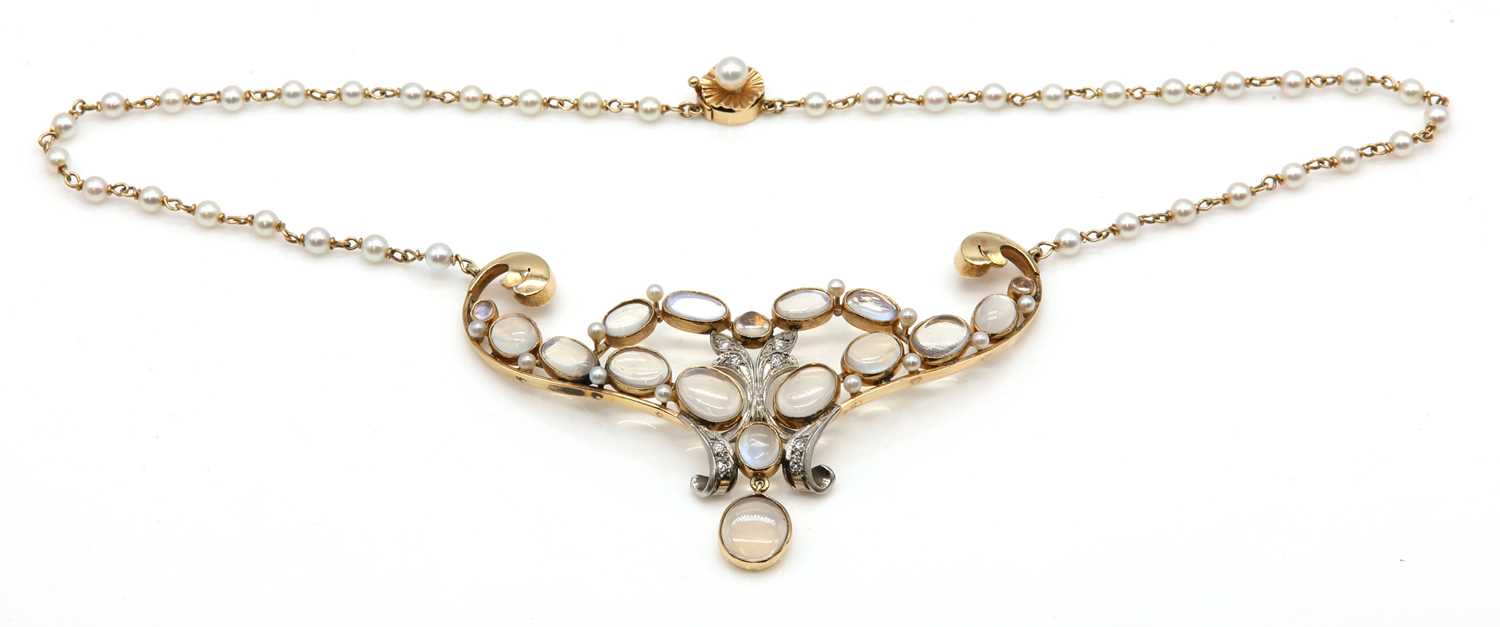 Lot 217 - A Continental moonstone, seed pearl, diamond and cultured pearl necklace