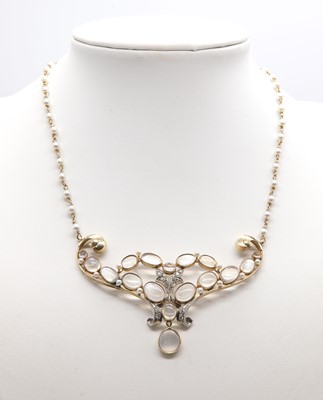 Lot 217 - A Continental moonstone, seed pearl, diamond and cultured pearl necklace