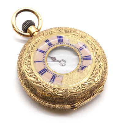 Lot 486 - A Continental gold enamel half hunter pin set fob watch